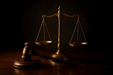 Golden scales of justice and wooden judge gavel symbolizing law, fairness, and authority. Perfect for legal, corporate, or educational design resources.