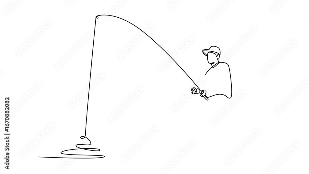 Poster animated self drawing of continuous line draw man reeling in big catch with bent fishing rod. symbol