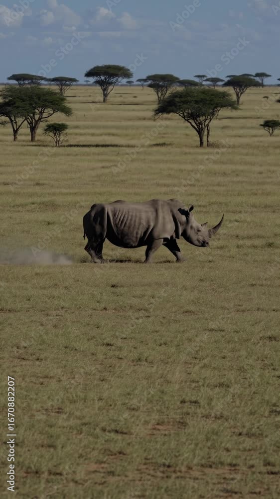 Poster a serene video scene of a rhino walking across an expansive savannah. captured from a low angle, hig