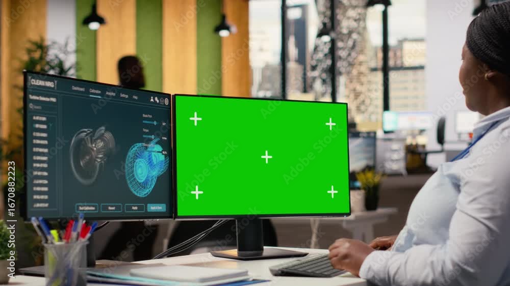 Poster researcher analyzes turbine parts on chroma key pc to maximize sustainability. cad designer uses sim
