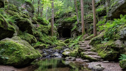 A tranquil forest landscape featuring moss-covered rocks, tall trees, and a serene stream, inviting viewers to explore the beauty of nature and the peaceful atmosphere of the wilde