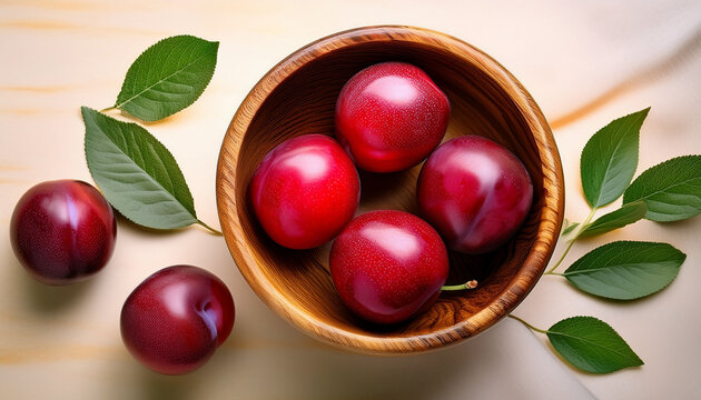 fresh red plums arranged in a wooden bowl with green leaves ready to be enjoyed - Powered by Adobe