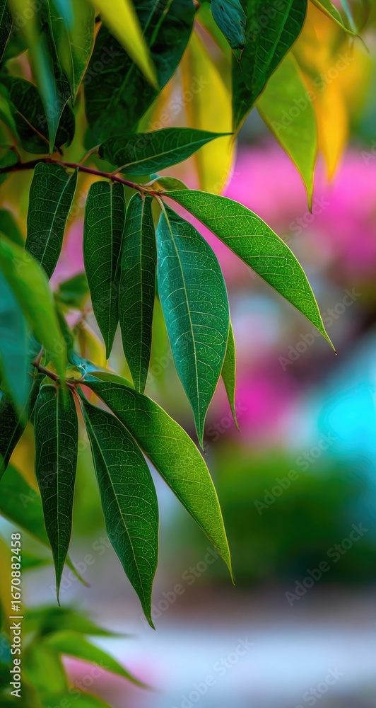 Poster a close-up view of vibrant green leaves, showcasing their rich texture and color. the blurred backgr