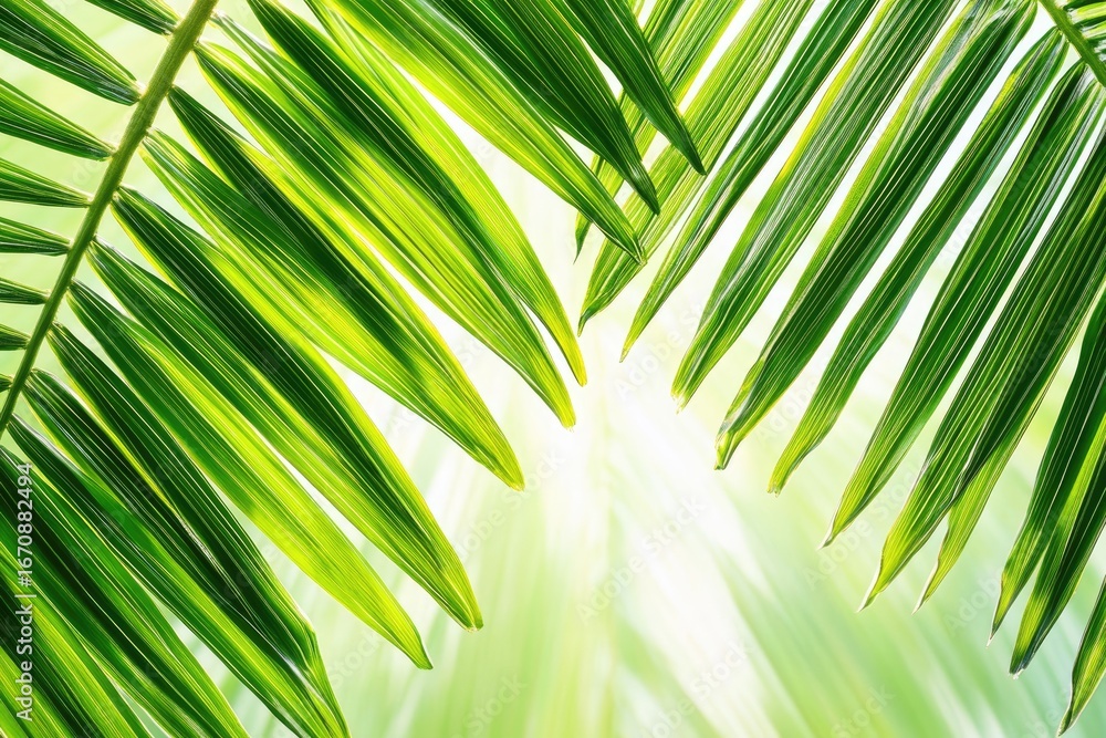 Poster vibrant green palm leaves captured in soft light, creating a serene and refreshing atmosphere. ideal