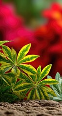 A vibrant close-up of lush green leaves with striking yellow accents, set against a beautifully blurred background of colorful flowers, capturing the essence of nature's beauty.