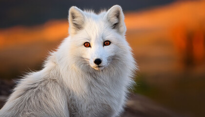 Obraz premium a majestic white fox with fluffy fur and striking orange eyes sitting gracefully