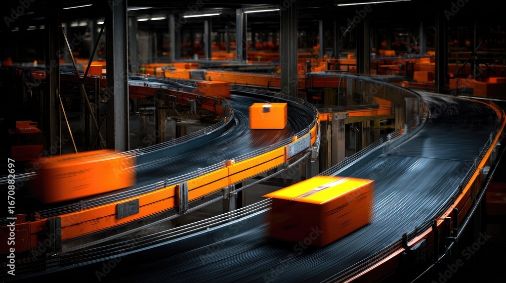 Poster High-Speed Conveyor System in a Modern Warehouse with Moving Packages in an Industrial Setting