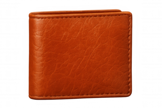 Closed orange leather wallet isolated on transparent background, ideal for mockups and compositions