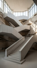 Obraz premium Modern White Concrete Staircase in Architectural Interior with Natural Stone Wall