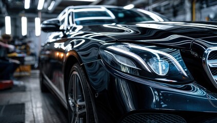 Sleek black car in a factory setting