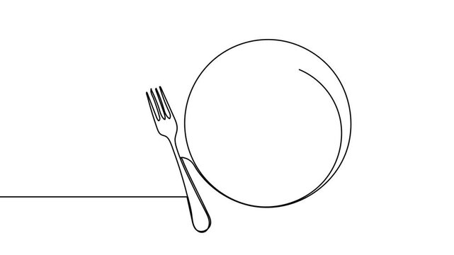 Plate, knife and fork, continuous line, self-drawing animation