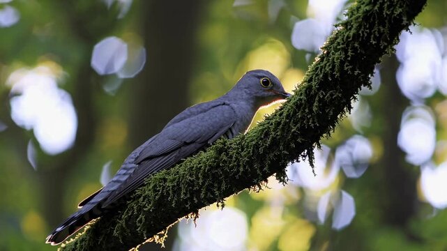 Close-up video still of a bird perched on a mossy branch, captured from a side angle with a soft, blurred forest background.