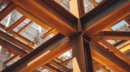 Obraz premium Industrial Steel Framework Under Construction with Exposed Beams and Roof Structure in Urban Development Setting