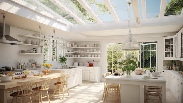 Bright and airy kitchen design with skylights and garden view