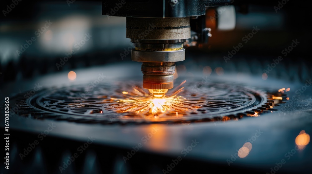 Poster precision laser cutting process in action with sparks and intricate design
