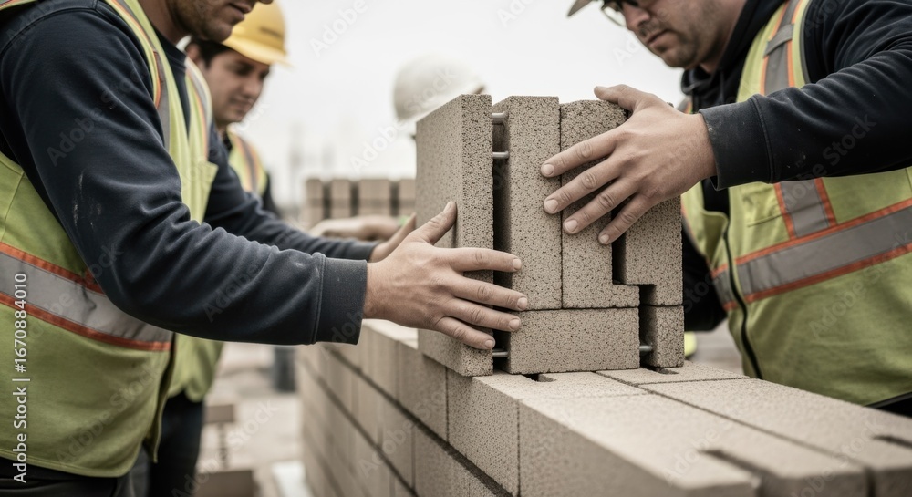 Poster side view of workers stacking snapfit mortarless blocks with a unique locking mechanism emphasizing 