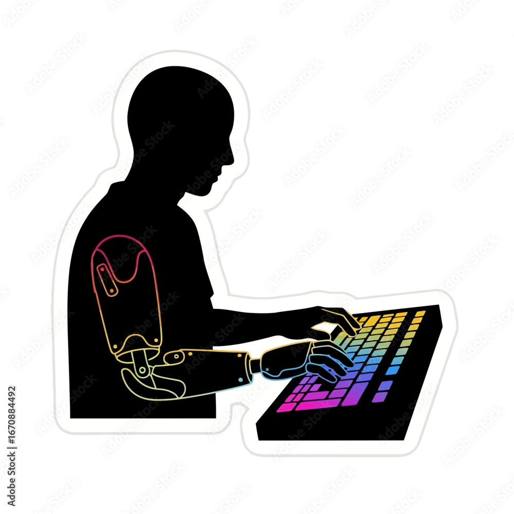 Poster robot arm keyboard vector art, technology, automation, ai