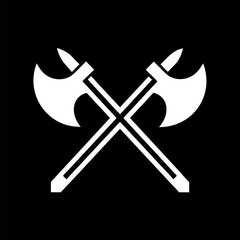 White silhouette of crossed medieval axes on black background  perfect for fantasy or combat design themes.