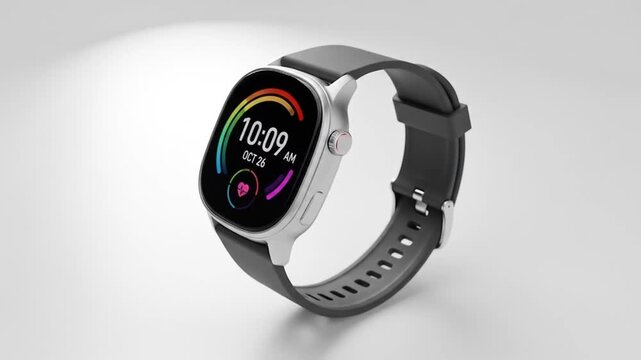 Digital smartwatch displays time & health metrics Gray band & metal casing Close-up angle