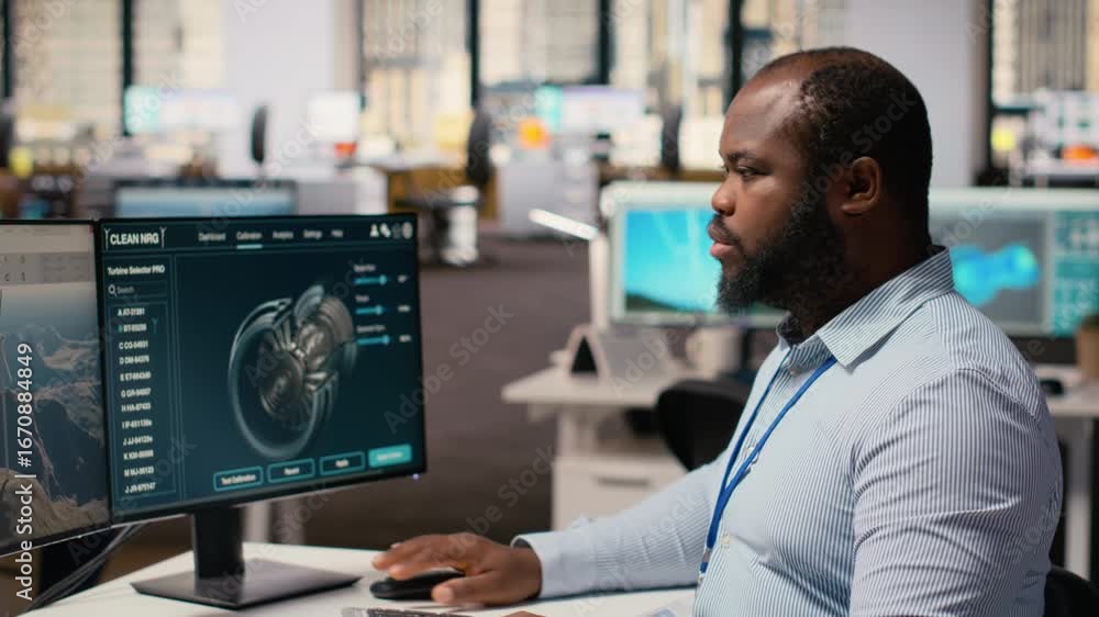 Poster technician working on wind turbine simulation in office, doing upgrades. african american man in rd 