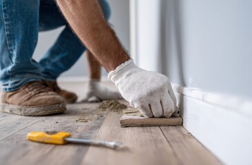 Worker installing flooring