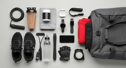 Gym bag and workout essentials neatly arranged, including shoes, jump rope, water bottle, and fitness tracker