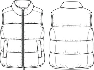 Puffer vest front and back technical flat sketch, sleeveless winter jacket with zipper and pockets, CAD drawing flat vector illustration © Obaidul Vector Zoon