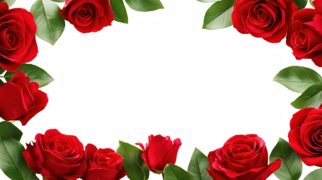 Circular frame of vibrant red roses and lush green leaves on transparent background