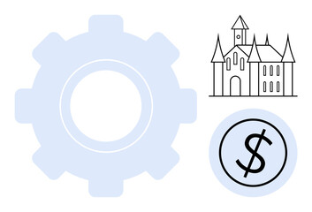 Gear symbol, castle outline, and dollar currency icon signify industry, strategy, economics. Ideal for business, investment, planning growth management finance innovation. Simple flat metaphor