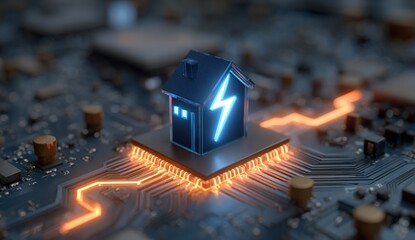 A glowing house icon sits atop a computer chip on a circuit board