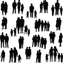 Silhouette of diverse families standing together, community group, parents with children, unity, people illustration, black isolated family concept