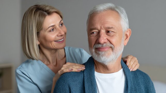 Gentle routine caregiver aids spouse in cozy morning dressing