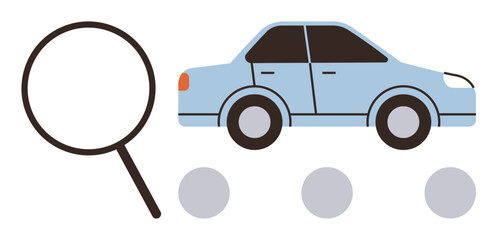 Fototapeta premium Magnifying glass examining a blue car near three gray dots symbolizing search, selection, and options. Ideal for car buying, auto inspection, decision-making, evaluation, research, choice