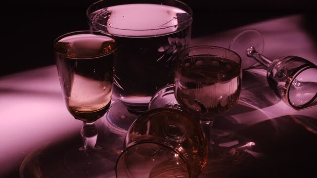 Drinking glasses. Buffet. Various glasses for alcohol and soft drinks. Dark, refraction light, red and purple colors