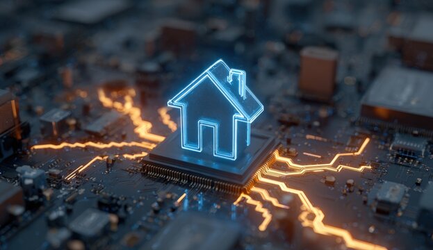 A glowing home icon on a circuit board