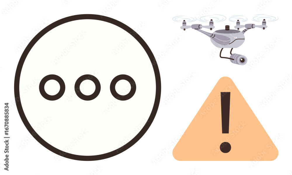 Poster drone equipped with camera hovering in one corner, orange warning triangle with exclamation mark, el