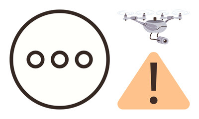 Drone equipped with camera hovering in one corner, orange warning triangle with exclamation mark, ellipsis icon. Ideal for technology, surveillance, danger, caution, communication, security