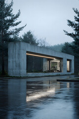 Modern concrete structure with illuminated windows, surrounded by trees, rain-soaked ground, and gray sky, highly detailed.