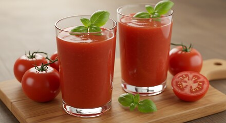 Fresh Red Tomato Juice in Glasses with Basil on Wooden Board Still Life