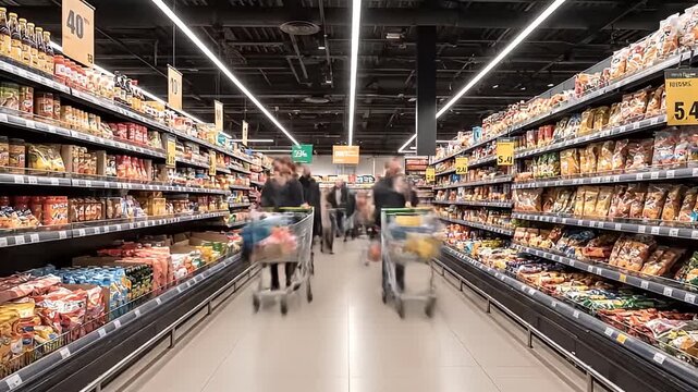 Motion Blurred Shoppers in a Supermarket Aisle with Shelves of Snacks and Groceries