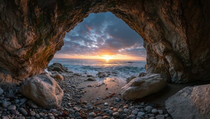 Sunrise through a cave opening onto a rocky beach (1)