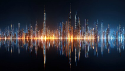 City skyline at night, reflected on water