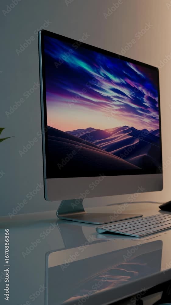 Aufkleber sleek desktop setup with a vibrant screen displaying a sunset video. side angle captures modern desi