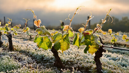 young grape leaves affected by frost in early spring revealing impact of cold weather on vineyard growth