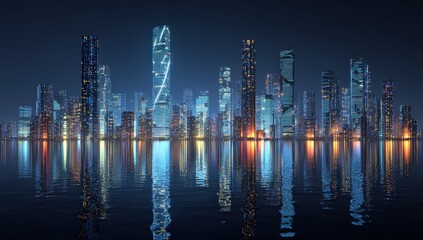 Obraz premium Futuristic city skyline at night, reflected in water (3)