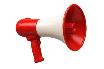 Vibrant red and white megaphone positioned against transparent backdrop, symbolizing loud communication and message broadcasting