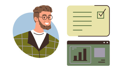 Man with glasses and beard smiling, checklist, and bar graph on screen. Ideal for productivity, task management, planning, analytics, project organization, team strategy a simple flat metaphor