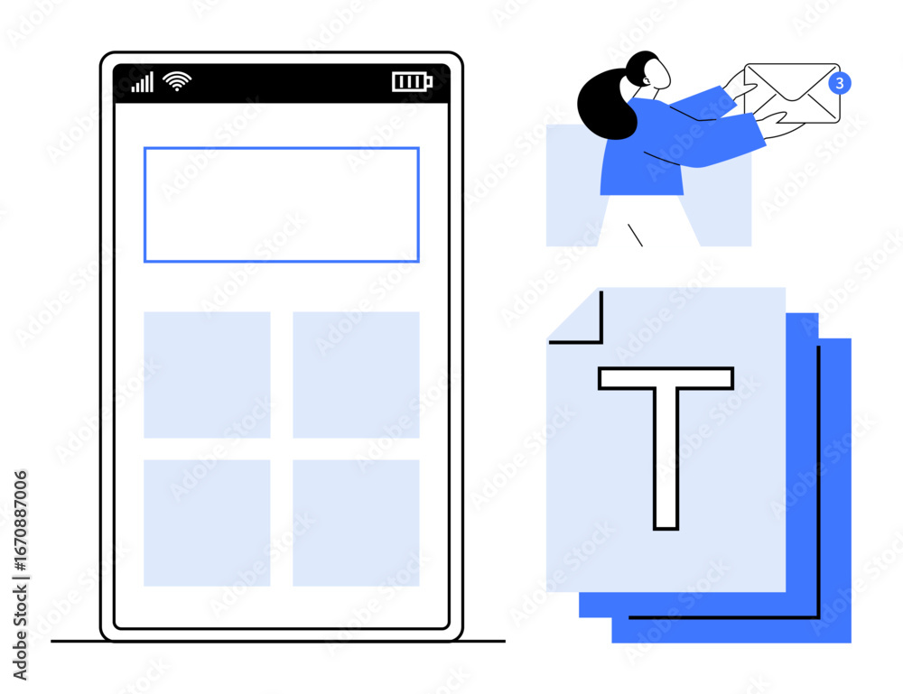 Fototapete smartphone display with app interface, person managing emails, and document stack. ideal for communi