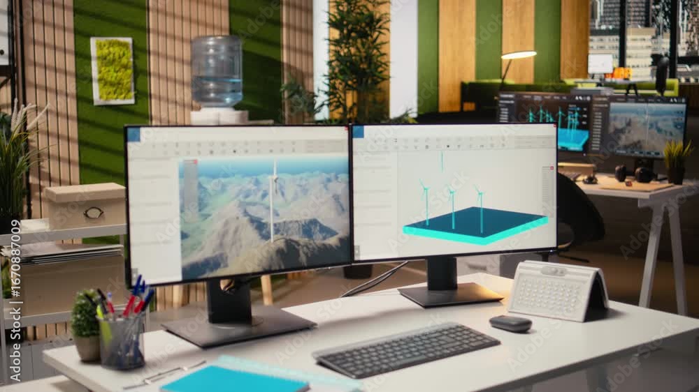 Poster wind turbine cad design software used for sustainable energy research in engineering office. softwar