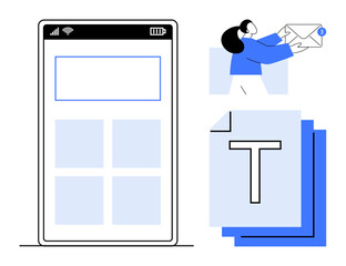 Smartphone display with app interface, person managing emails, and document stack. Ideal for communication, productivity, workflow, organization, notifications, tech apps simple landing page